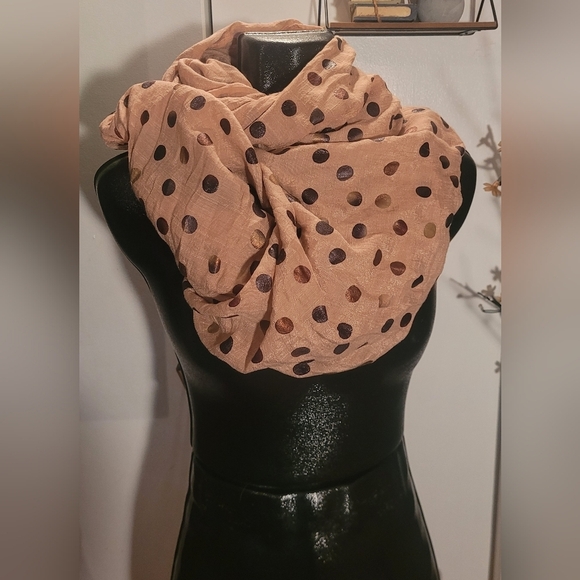 Tan Colored Polka Dot Scarf with Black Trim - Picture 2 of 3